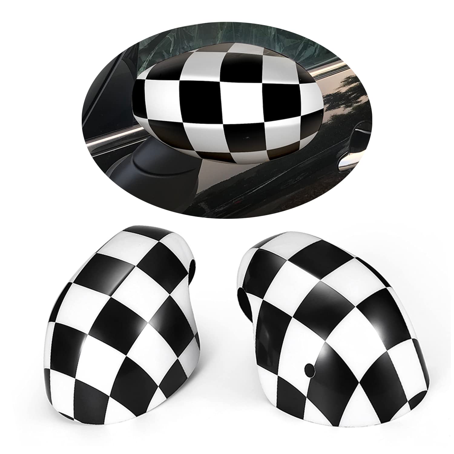 MINI F54 F55 F56 F57 F60 Nach Juli 2019 Spiegelabdeckungen, AutoTür spiegelkappen für Mini Cooper S/JCW F54-F60 2020-2023(Karierte, F-Serie Mit Lichtloch) von uvcany