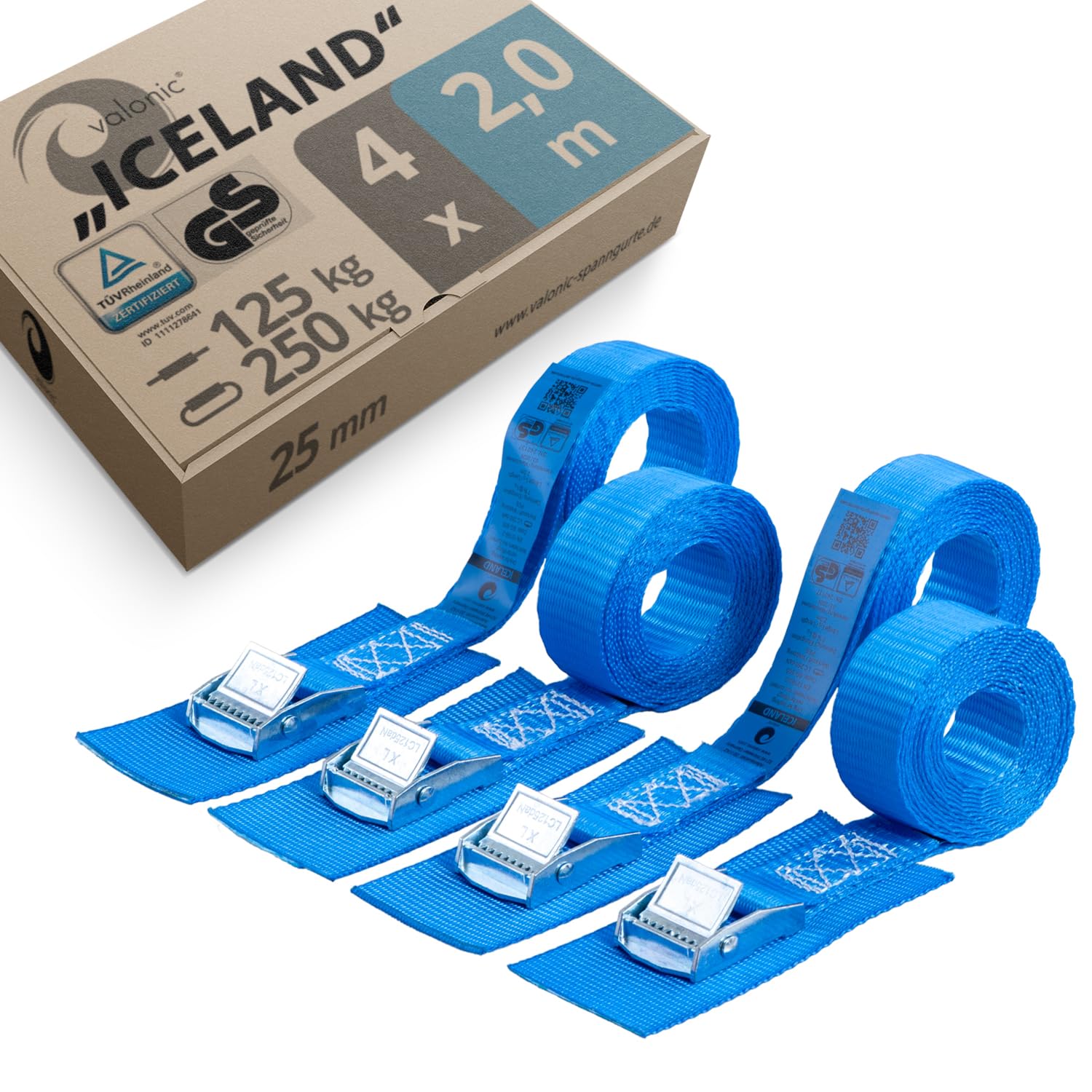 valonic Iceland - 4 x 2m Spanngurte mit Klemmschloss, 25mm, 250Kg - EN-12195-2, blau, Zurrgurte für Dachbox, Fahrradträger, SUP Board, Kajak, Spanngurt für Ladungssicherung von valonic