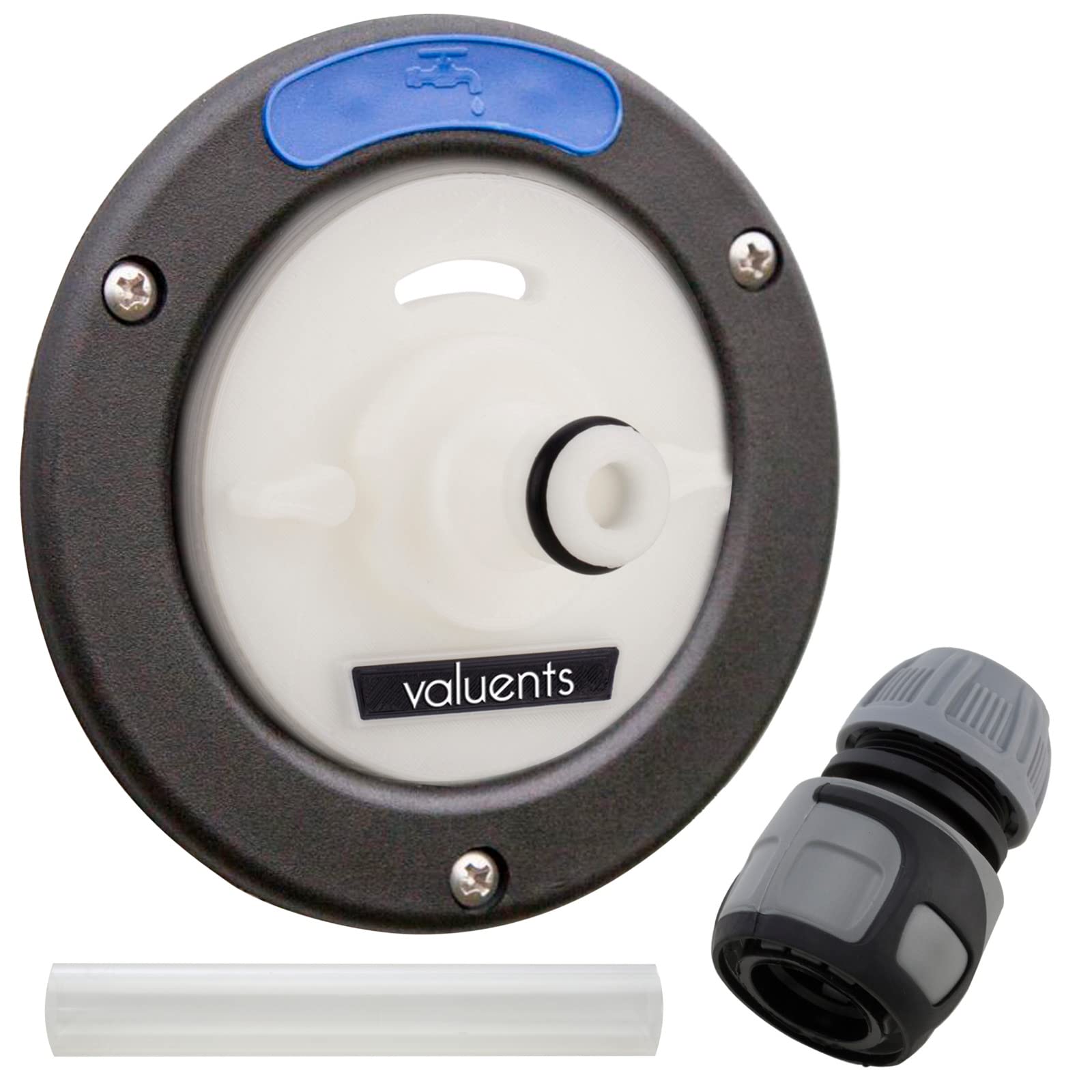 valuents Wassertankdeckel 3 Pins 78mm Durchmesser - weiß grau - für Wohnmobil mit Schlauch für Wassereinfüllstutzen +Plus: Adapter für Wasserschlauch von valuents