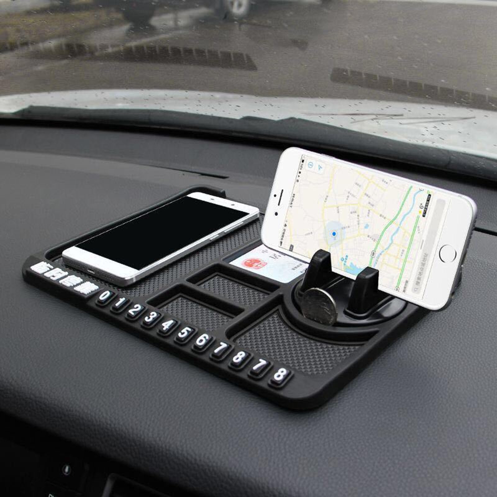 Antirutschmatte mit Handyhalterung, rutschfeste Auto Armaturenbrett Handy Halterung Multifunktions-Handy-Pad mit Parkplatz Kontaktnummer, Matte für Auto (Schwarz, 24,8X 18,8cm) von viriech