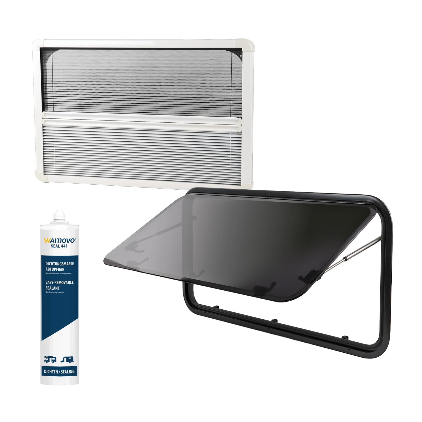 Set Ausstellfenster RW Compact 900 x 450 inkl. Verdunklung und Insektenschutz Set Ausstellfenster RW Compact 900 x 450 inkl. Verdunklung und Insektenschutz von wamovo