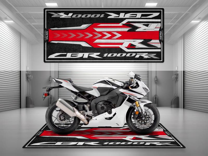 wibeart MPM Motorradmatte für CBR1000RR, waschbar, rutschfest, öl- und wasserabweisend, Parkmatte für Garage, Ausstellungsraum, Werkstatt | Perlweiss - Größe 2: 102 x 47/260 x 120 cm von wibeart