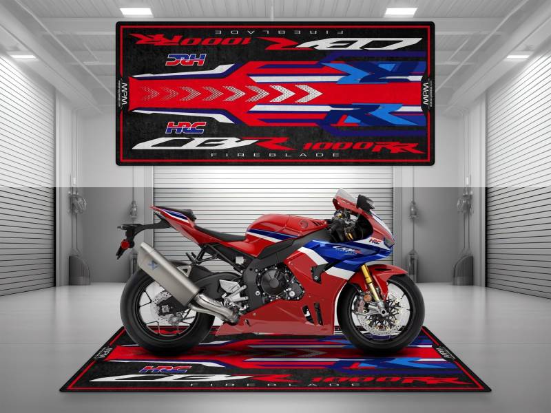 wibeart MPM Motorradmatte für CBR1000RR-R Fireblade SP, waschbar, rutschfest, öl- und wasserabweisend, Parkmatte für Garage, Ausstellungsraum, | Grand Prix Rot - Größe 2: 102 x 47/260 x 120 cm von wibeart