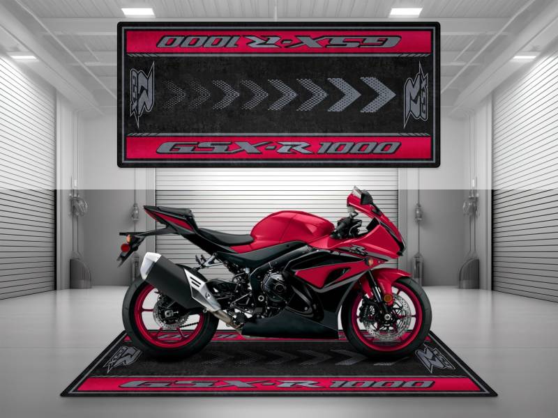 wibeart MPM Motorradmatte für GSX R1000, waschbar, rutschfest, öl- und wasserabweisend, Parkmatte für Garage, Ausstell | Candy Daring Red - Glass Sparkle Black - Größe 2: 102 x 47/260 x 120 cm von wibeart