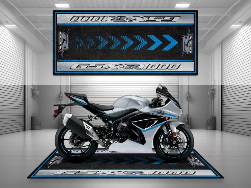 wibeart MPM Motorradmatte für GSX R1000, waschbar, rutschfest, öl- und wasserabweisend, Parkmatte für Garage, Ausstellungsraum | Metallic Mattes Schwert Silber - Größe 2: 102 x 47/260 x 120 cm von wibeart