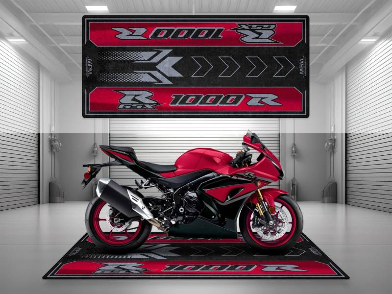 wibeart MPM Motorradmatte für GSX R1000R 2024, waschbar, rutschfest, öl- und wasserabweisend, Parkmatte für Garage, Au | Candy Daring Red - Glass Sparkle Black - Größe 2: 102 x 47/260 x 120 cm von wibeart