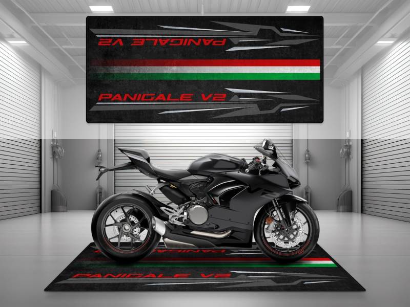 wibeart MPM Motorradmatte für Panigale V2, waschbar, rutschfest, öl- und wasserabweisend, Parkmatte für Garage, Ausstellungsraum, Werksta | Schwarz auf Schwarz - Größe 2: 102 x 47/260 x 120 cm von wibeart