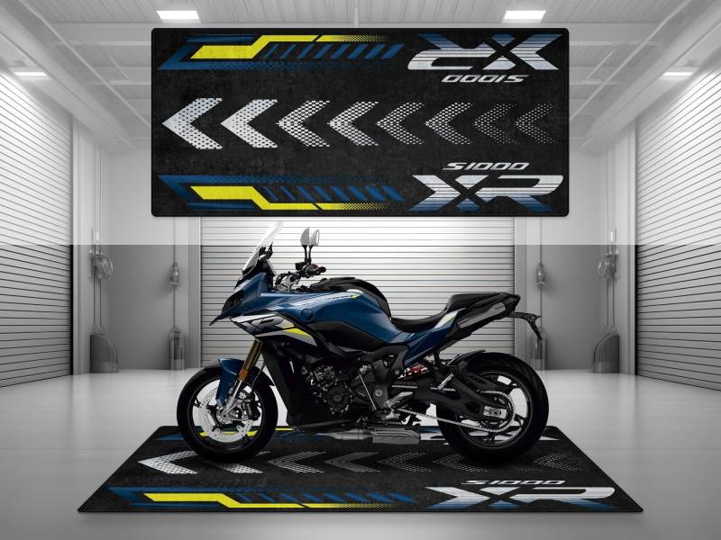 wibeart MPM Motorradmatte für S1000 XR, waschbar, rutschfest, öl- und wasserabweisend, Parkmatte für Garage, Ausstellungsraum, Werks | Schwerkraftblau Metallic - Größe 2: 102 x 47/260 x 120 cm von wibeart