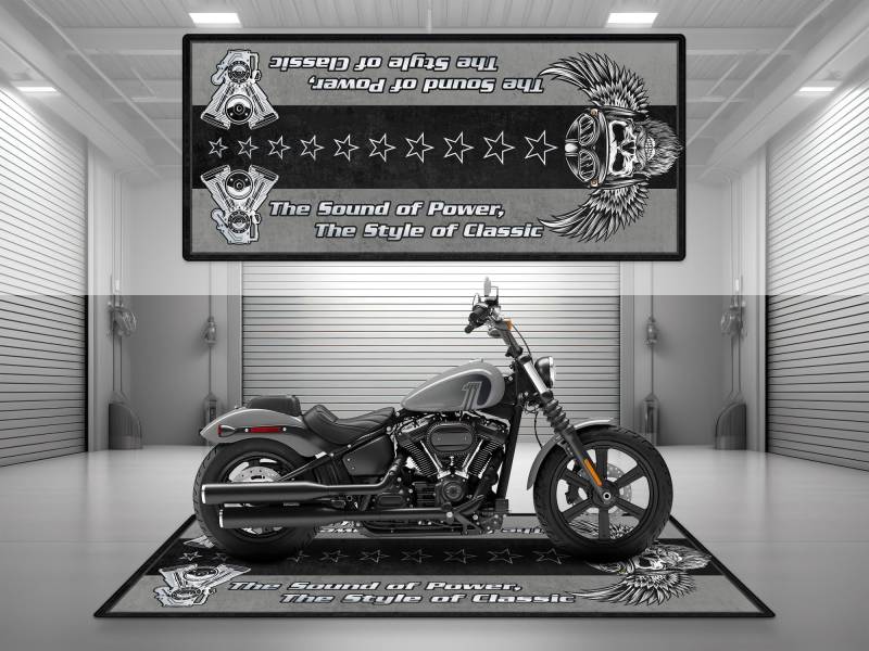 wibeart MPM Motorradmatte für den Style-Schriftzug. Waschbare, rutschfeste, öl- und wasserfeste Parkmatte für Garage, Ausstellungsraum und Werk | Billard Grau - Größe 2 : 102 x 47/260 x 120 cm von wibeart