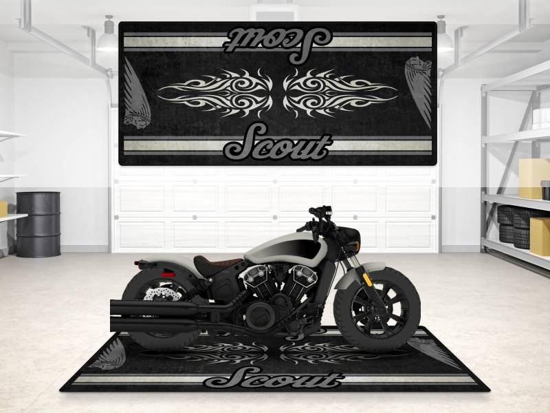 wibeart MPM Motorradmatte für Scout Bobber, waschbar, rutschfest, öl- und wasserabweisend, Parkmatte für Garage, Ausstellungsraum, Werkstat | Silberquarz Rauch - Größe 2: 102 x 47/260 x 120 cm von wibeart