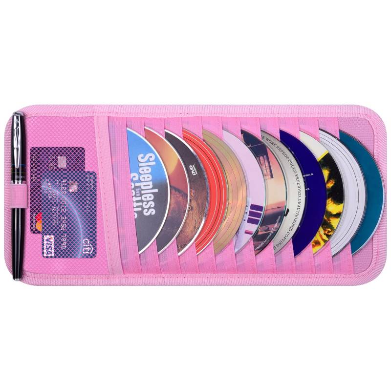 Wisdompro Auto CD Hülle Halterung, Fahrzeug Sonnenblende Organizer für Autos mit 12 DVD-Aufbewahrungshüllen, 1 Netztasche, 1 Stifthalter und Gummiband (Rosa) von Wisdompro