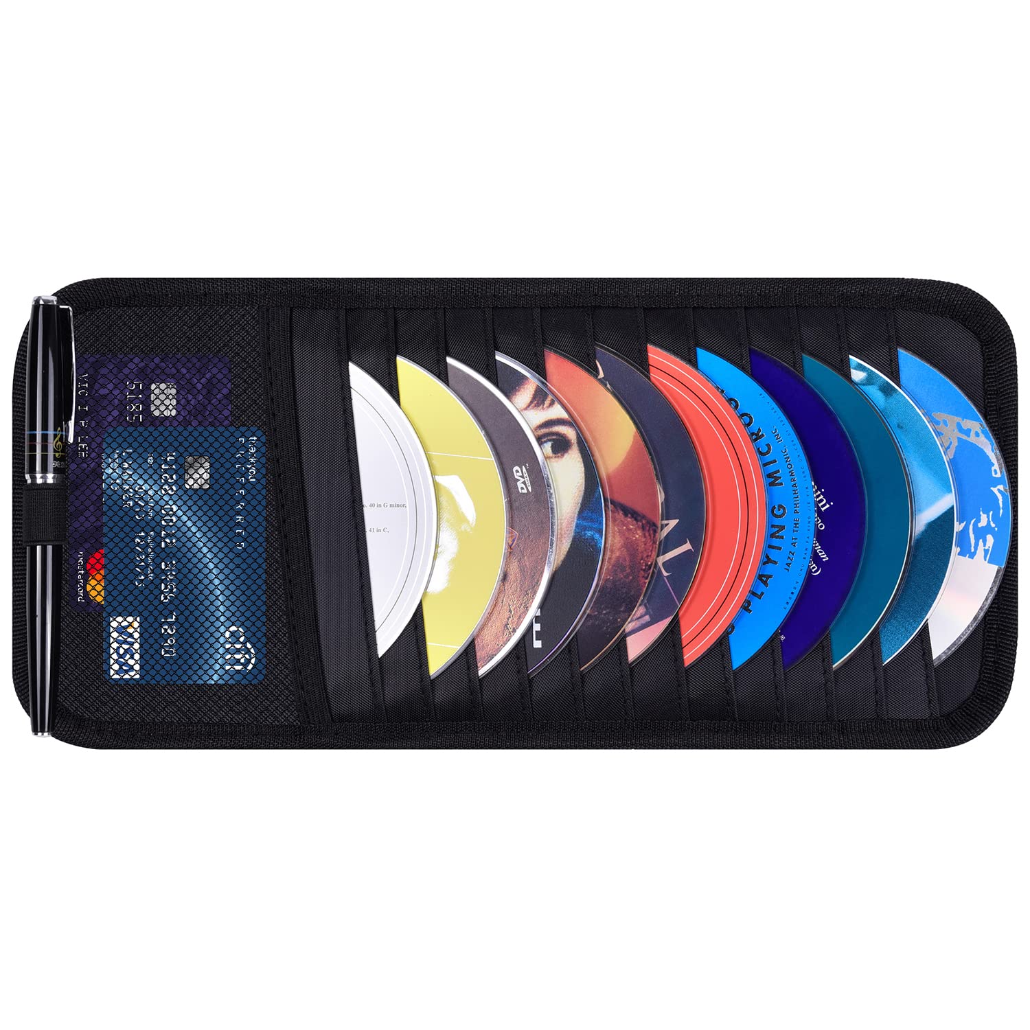 Auto CD Hülle Halterung, Wisdompro Fahrzeug Sonnenblende Organizer für Autos mit 12 DVD-Aufbewahrungshüllen, 1 Netztasche, 1 Stifthalter und Gummiband (Schwarz) von Wisdompro