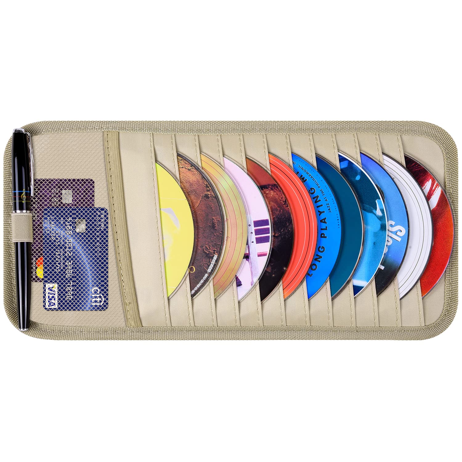 Auto CD Hülle Halterung, Wisdompro Fahrzeug Sonnenblende Organizer für Autos mit 12 DVD-Aufbewahrungshüllen, 1 Netztasche, 1 Stifthalter und Gummiband (Khaki) von Wisdompro