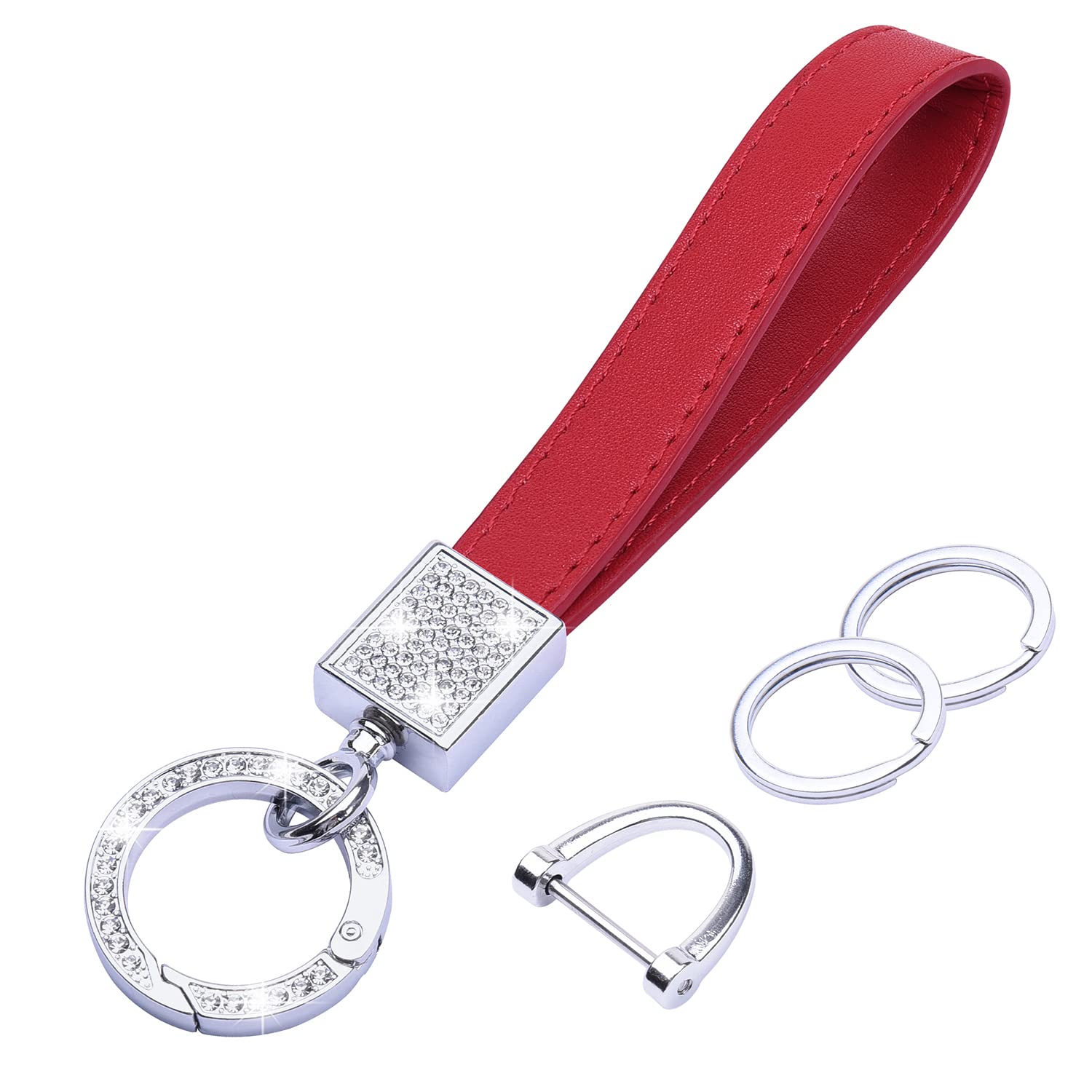wisdompro Schlüsselanhänger Auto Strass, Schlüsselanhänger Leder mit 1 D-Ring, 1 Schraubendreher, 2 Schlüsselring, Keychain für Männer/Frauen sind Geschenke für Familie, Freunde (Rot) von Wisdompro