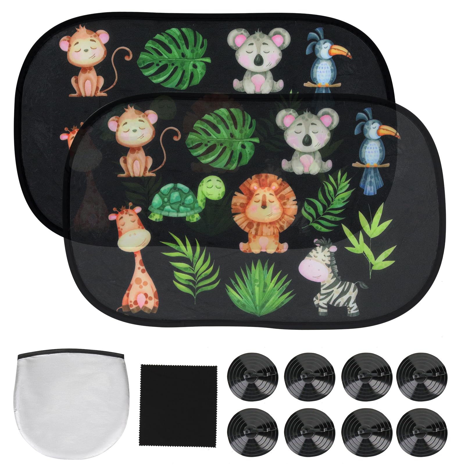 wokdsbl 2 Stück Sonnenschutz Auto Baby mit UV Schutz,51x31cm Auto Sonnenblende Seitenscheibe mit 8 Saugnäpfen, Faltbar Sonnenschutz für Seitenscheiben Kinder mit Süßen Tier Motiven von wokdsbl