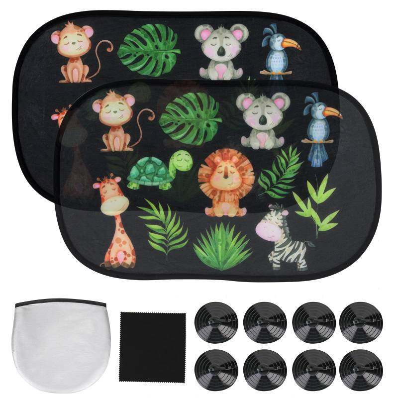 wokdsbl 2 Stück Sonnenschutz Auto Baby mit UV Schutz,51x31cm Auto Sonnenblende Seitenscheibe mit 8 Saugnäpfen, Faltbar Sonnenschutz für Seitenscheiben Kinder mit Süßen Tier Motiven von wokdsbl