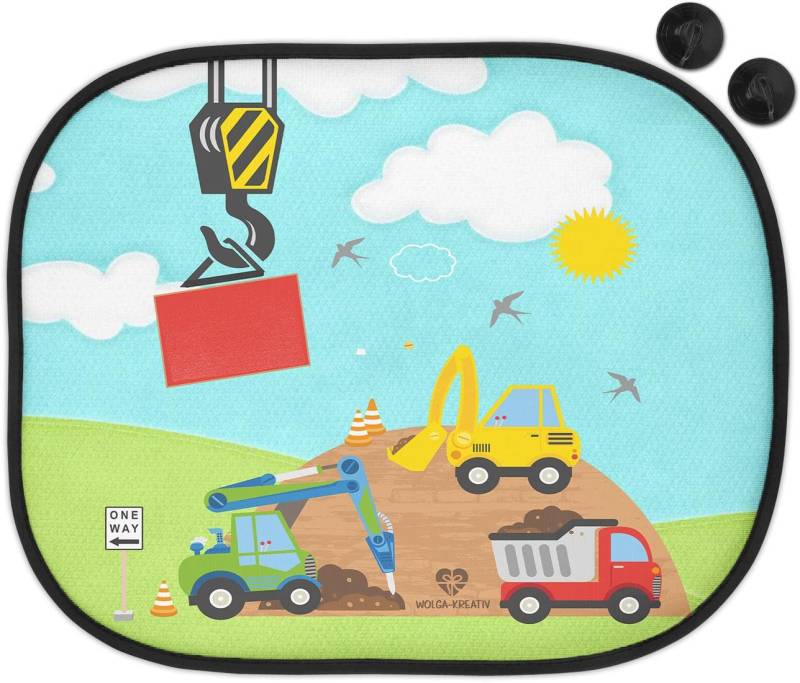 wolga-kreativ Auto Sonnenschutz und Sonnenblende Doppelpack Kinder Baustellen Autos Mädchen Junge für Baby und Kind Bedruckt Doppelpack von wolga-kreativ