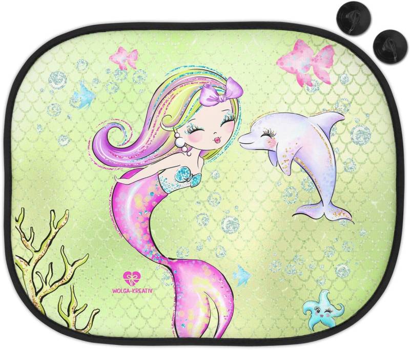 wolga-kreativ Auto Sonnenschutz und Sonnenblende Doppelpack Kinder Mädchen Meerjungfrau Delfin für Baby und Kind Bedruckt Doppelpack von wolga-kreativ