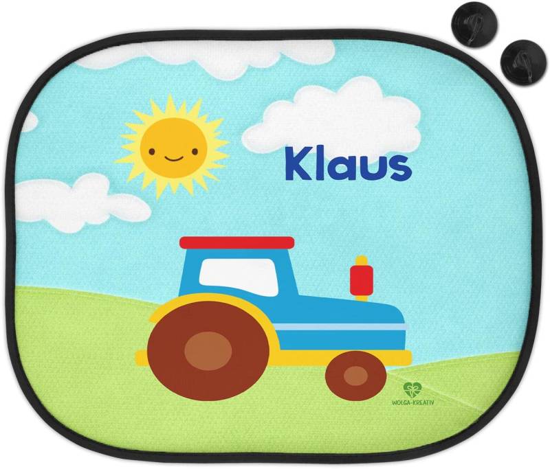 wolga-kreativ Sonnenschutz Auto Fenster Sonnenblende Verdunklung Baby Kinder personalisiert für Seitenscheiben Junge Traktor Trekker mit Name Wunschname Bedruckt von wolga-kreativ