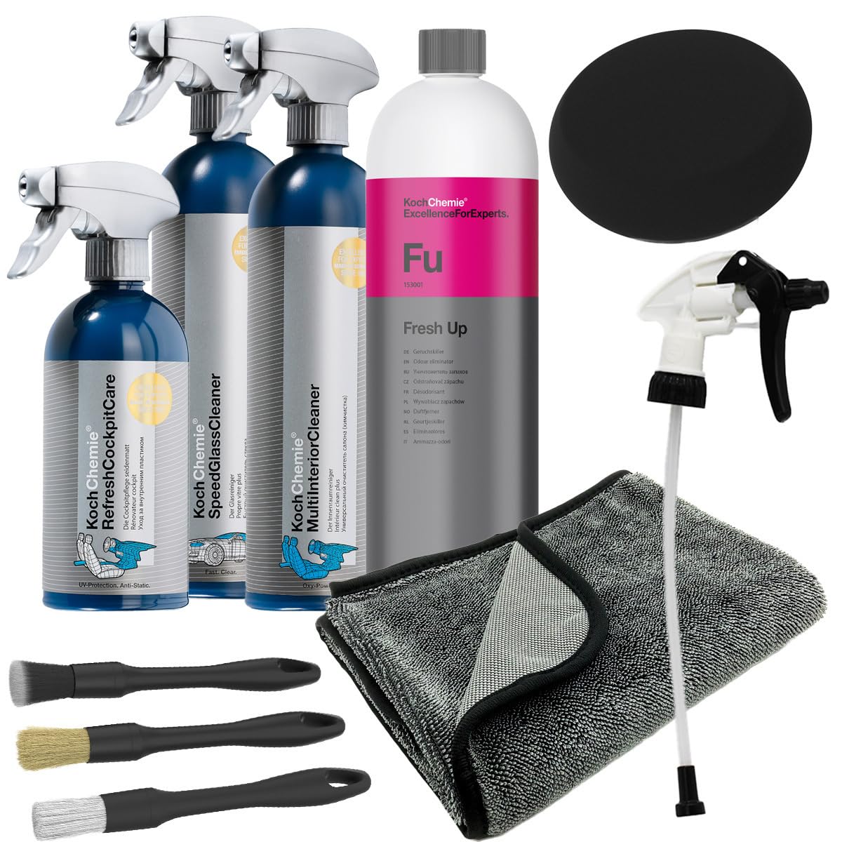 Koch Chemie Auto Interior Set Cockpit Bundle Multi Interior Cleaner, Refresh Cockpit Care, Fresh Up, Speed Glas Cleaner, Interior Pinsel, Trockentuch Koch Chemie Auto Interior Set Cockpit Bundle Multi Interior Cleaner, Refresh Cockpit Care, Fresh Up, Speed Glas Cleaner, Interior Pinsel, Trockentuch von wortek