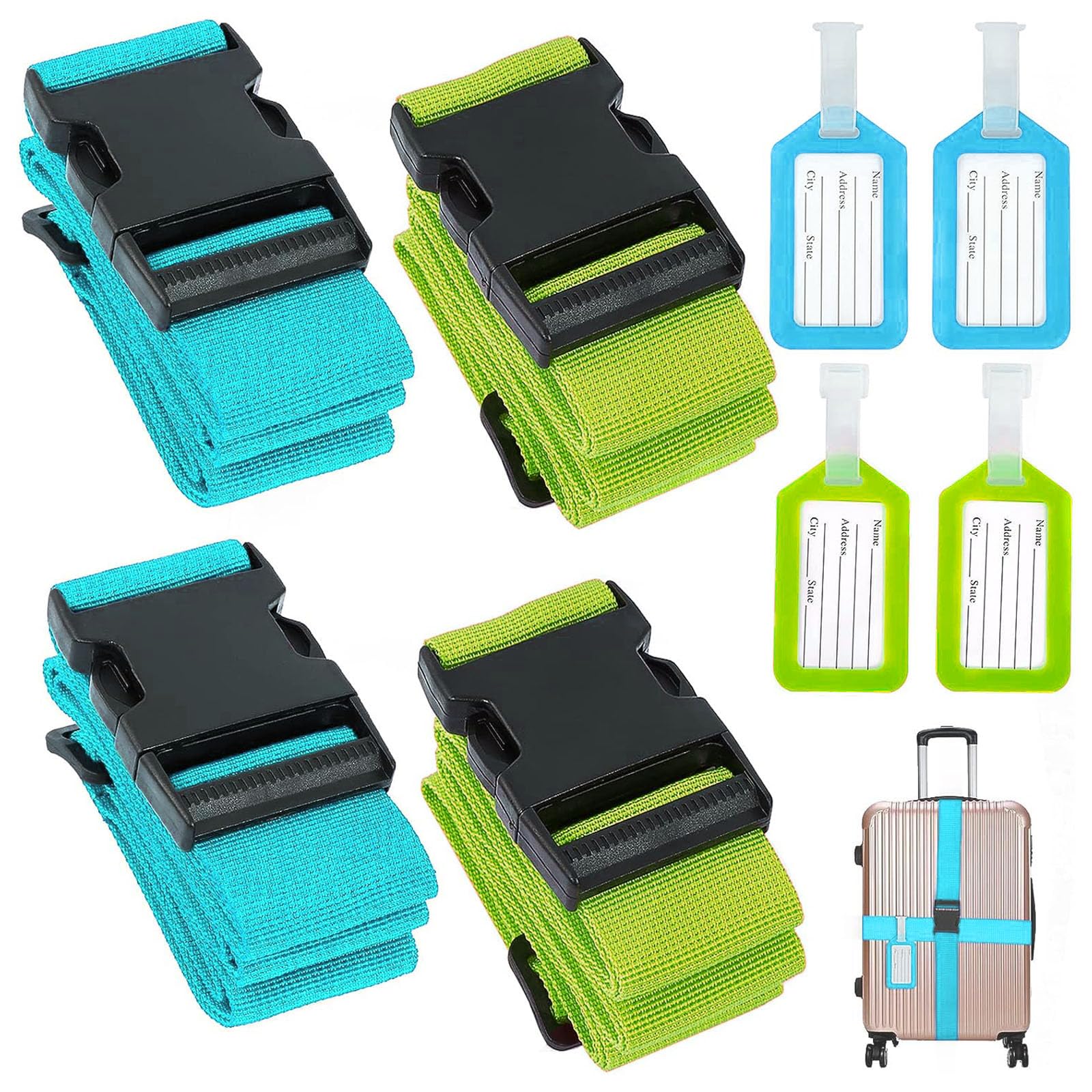Luggage Strap, xlwen 4 Pcs Gepäckgurte mit Adressschild, Reisezubehör Suitcase Strap zum Sicheren Verschließen für Koffer Markierung, 2 Farben Koffergurt für Schnell erkennen Gepäck(Blau&Grün) von xlwen