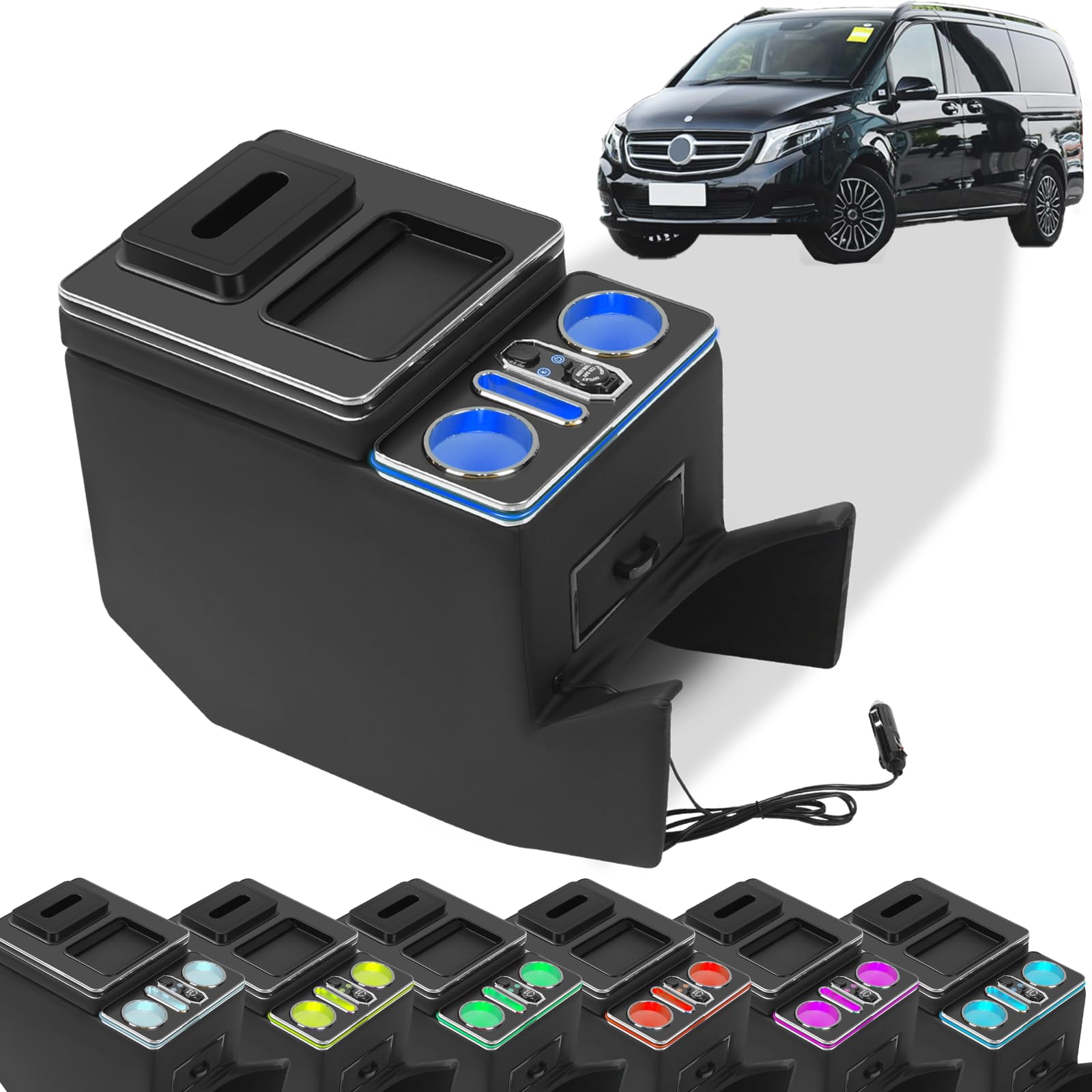 xxjolavv Armlehnenbox Aufbewahrungsbox mit 7-farbigem Umgebungslicht und 4 Helligkeitsstufen passend und Exklusive Fahrerschublade für Mercedes-Benz V-Klasse V220 V260 V250 W447 [EU-Patent] von xxjolavv