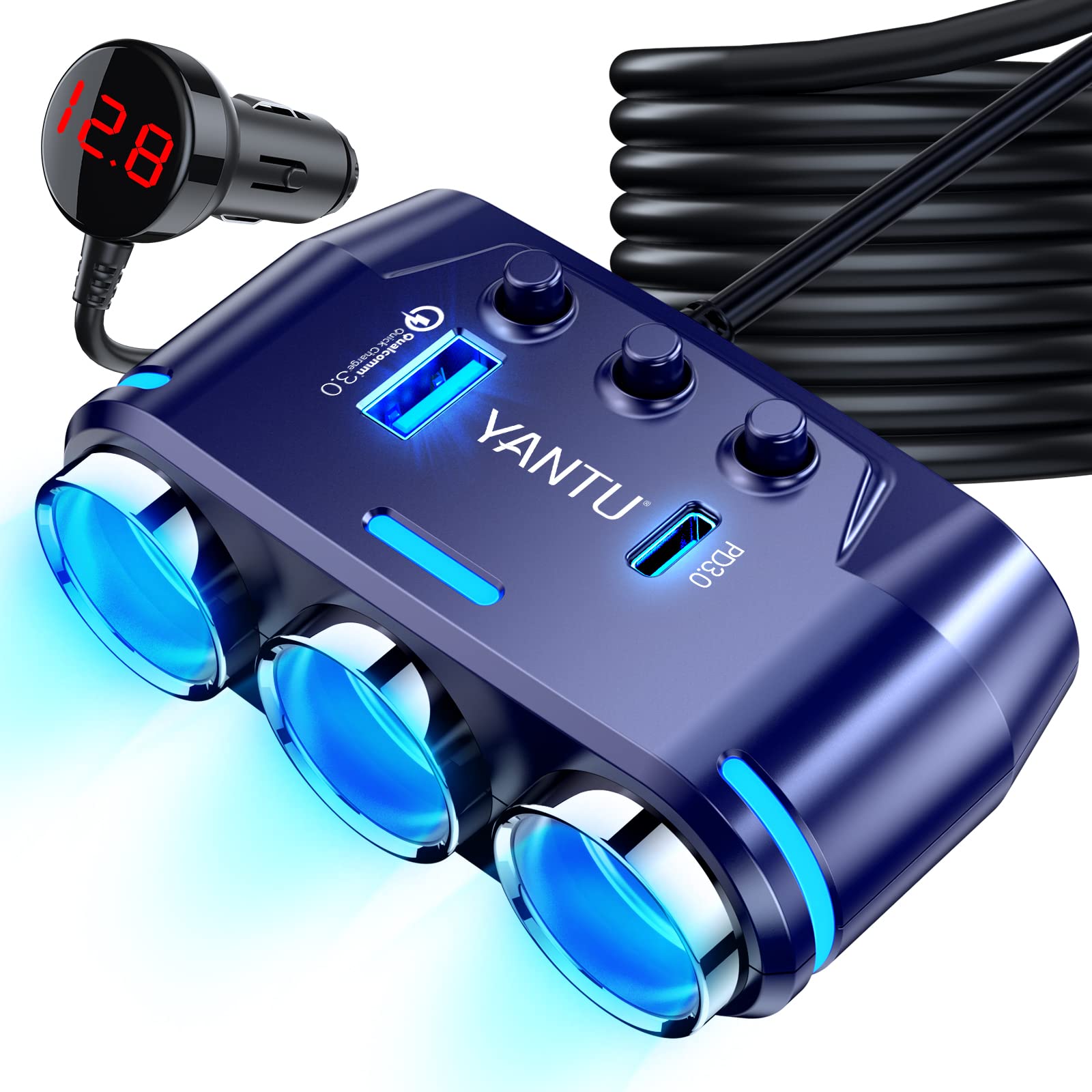 YANTU Zigarettenanzünder-Adapter, KFZ-Ladegerät-Adapter, 3 Steckdosen, Splitter mit LED-Spannungsanzeige, Dual-USB-Auto-Ladegerät, Ein-/Aus-Schalter, 12 V, Auto-Splitter-Adapter (Blau) von yantu