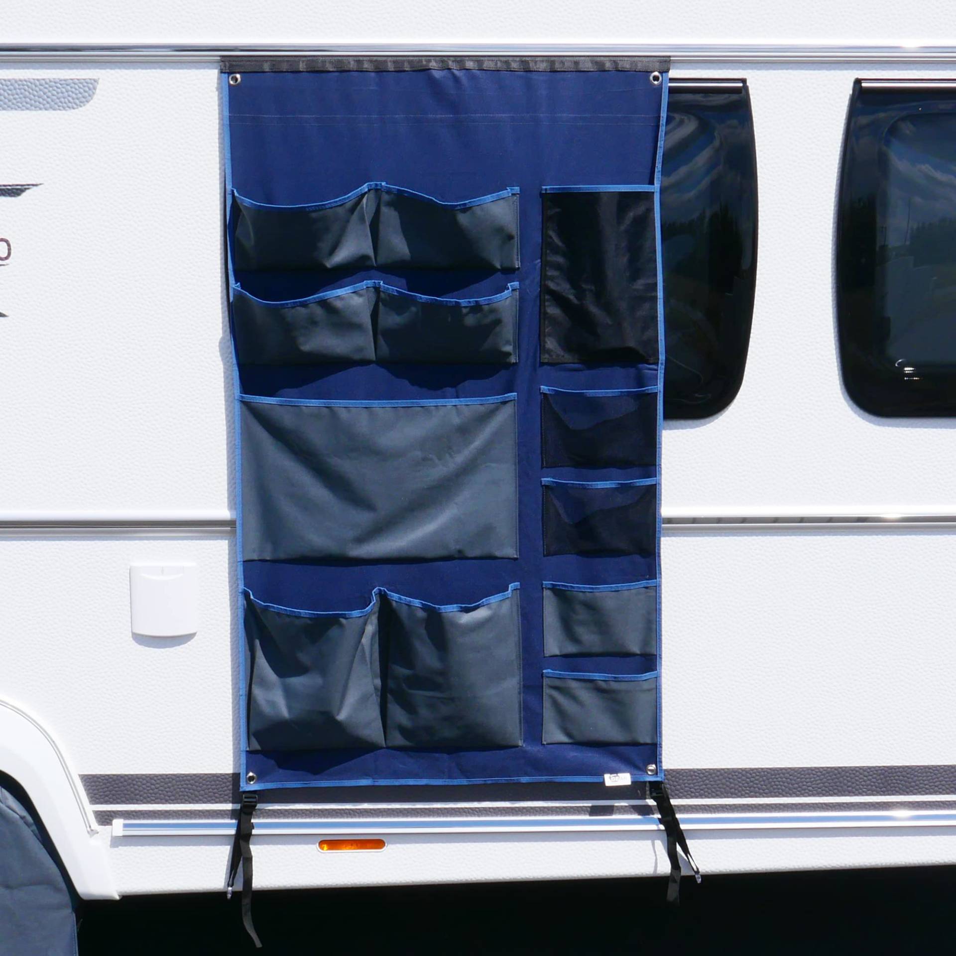 your GEAR Caravan Organizer – Hängeregal/Hakenleiste für Wohnwagen 45-140 cm | Varianten Pocket, Shoe, Tablet, Wide, Mesh, Hook | Camping Aufbewahrung 4-12 Fächer (Tablet | 140 x 85 cm | 12 Fächer) von your GEAR